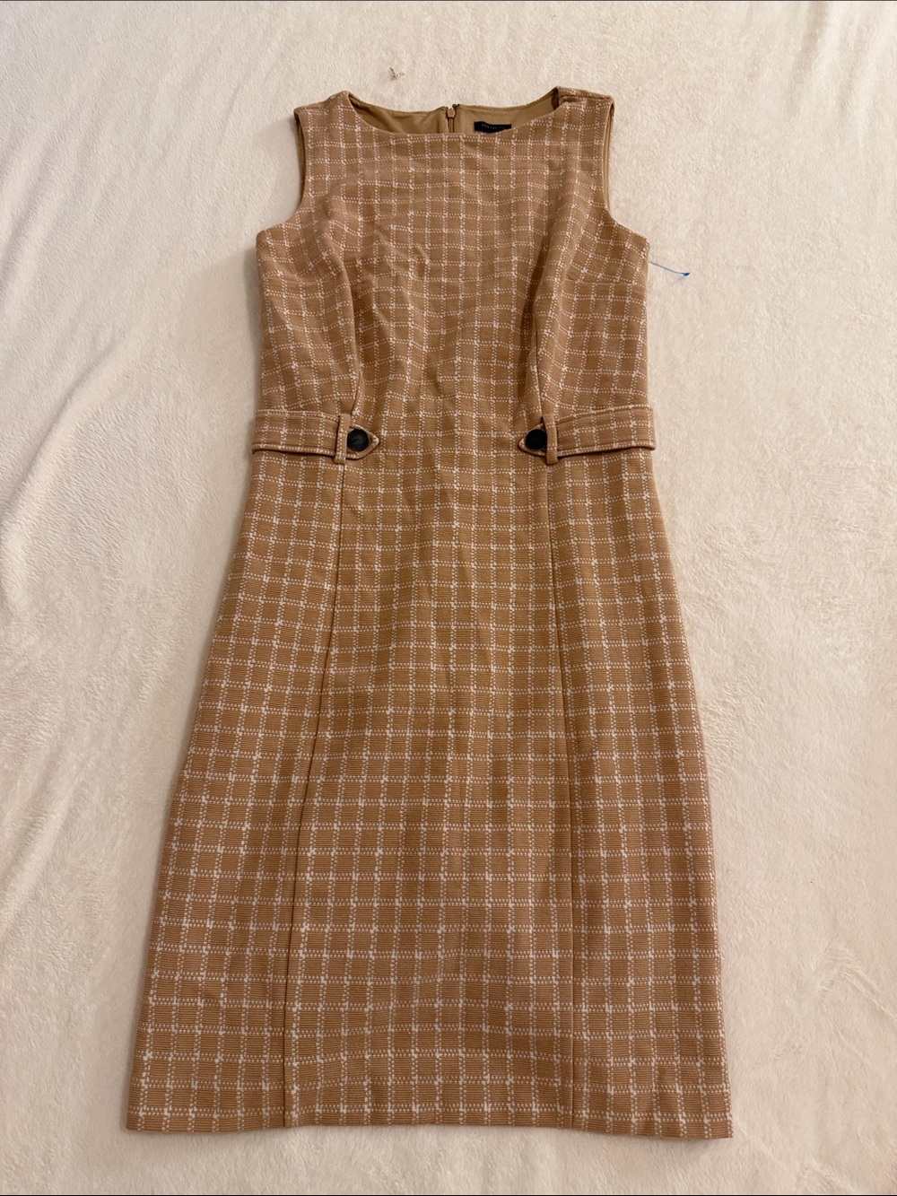 Ann Taylor Tan and White Checked Midi Sheath Dress